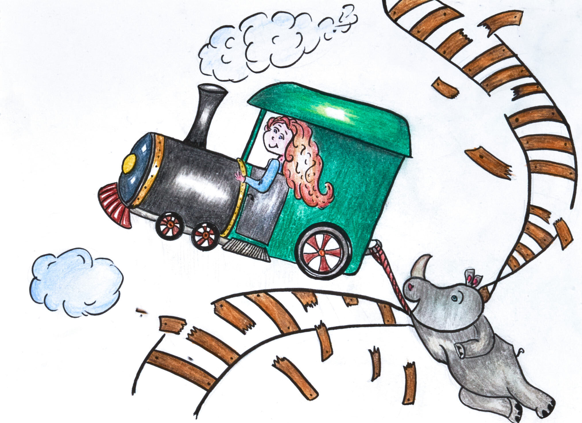 Childbook Illustration Girl in Train with Rhinoceros